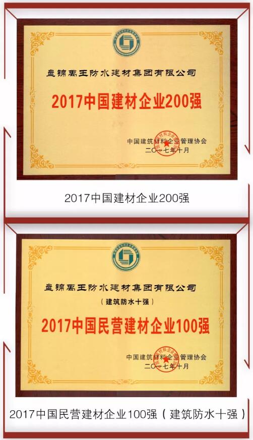 防水材料品牌榮譽(yù)|禹王集團(tuán)榮獲中國(guó)建材企業(yè)200強(qiáng)等